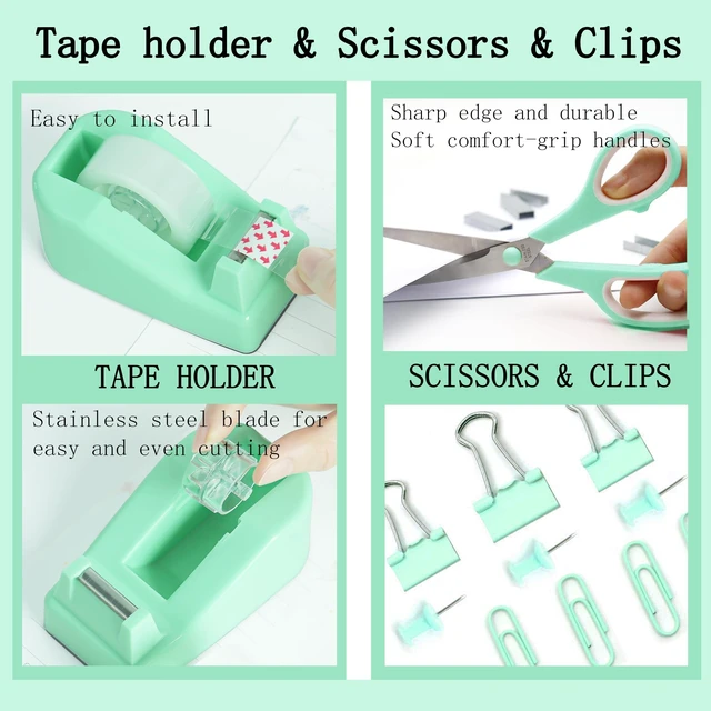 Alt view image 3 of 6 - Green Office Supplies, Teal Desk Accessories Accessories with Tape Dispenser, Stapler, Staple Remover, 1000 Staples, Tape, Clips Set, Ruler, Scissor, Pen