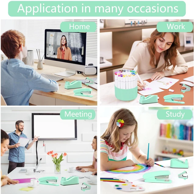 Alt view image 5 of 6 - Green Office Supplies, Teal Desk Accessories Accessories with Tape Dispenser, Stapler, Staple Remover, 1000 Staples, Tape, Clips Set, Ruler, Scissor, Pen