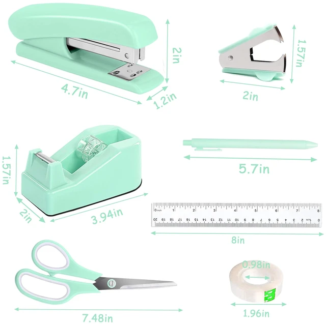 Alt view image 6 of 6 - Green Office Supplies, Teal Desk Accessories Accessories with Tape Dispenser, Stapler, Staple Remover, 1000 Staples, Tape, Clips Set, Ruler, Scissor, Pen