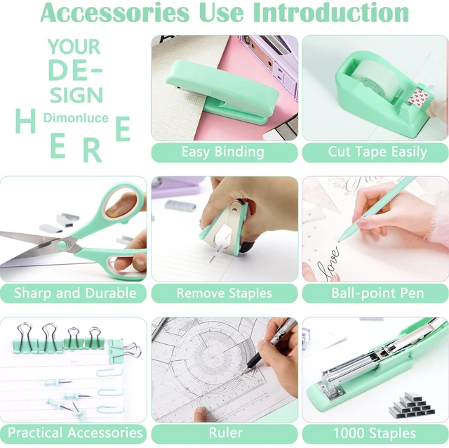 Alt view image 4 of 6 - Green Office Supplies, Teal Desk Accessories Accessories with Tape Dispenser, Stapler, Staple Remover, 1000 Staples, Tape, Clips Set, Ruler, Scissor, Pen