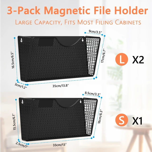 Alt view image 7 of 7 - Magnetic File Holder, 3 Pockets Magnetic File Folder Holder No Drilling Magnet Paper Mail Organizer Magazine Basket, Hanging Wall Storage Rack for Fridge Cabinets Office Classroom