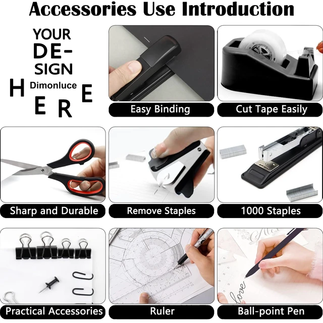 Alt view image 2 of 5 - Office Desk Accessories, Black Office Supplies Accessories with Tape Dispenser, Stapler, Staple Remover, 1000 Staples, Tape, Clips Set, Ruler, Scissor, Pen