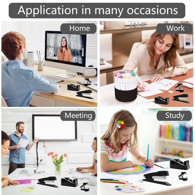 Alt view image 3 of 5 - Office Desk Accessories, Black Office Supplies Accessories with Tape Dispenser, Stapler, Staple Remover, 1000 Staples, Tape, Clips Set, Ruler, Scissor, Pen