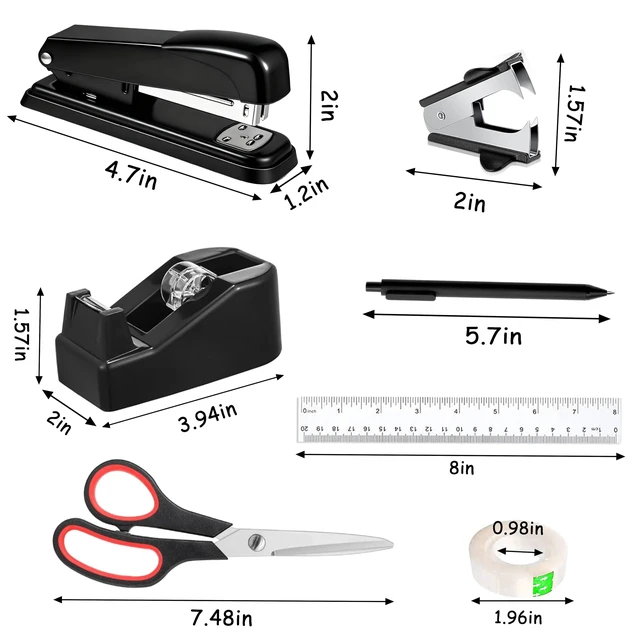 Alt view image 5 of 5 - Office Desk Accessories, Black Office Supplies Accessories with Tape Dispenser, Stapler, Staple Remover, 1000 Staples, Tape, Clips Set, Ruler, Scissor, Pen