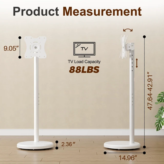 Alt view image 6 of 7 - Rolling TV Stand with Wheels for 10-46 Inch TVs, 88 lbs, White Portrait or Landscape, Height Adjustmen Mobile TV Cart, ±10° Tilt and 90°Rotating, Portable TV Stand, Max Vesa 200x200mm