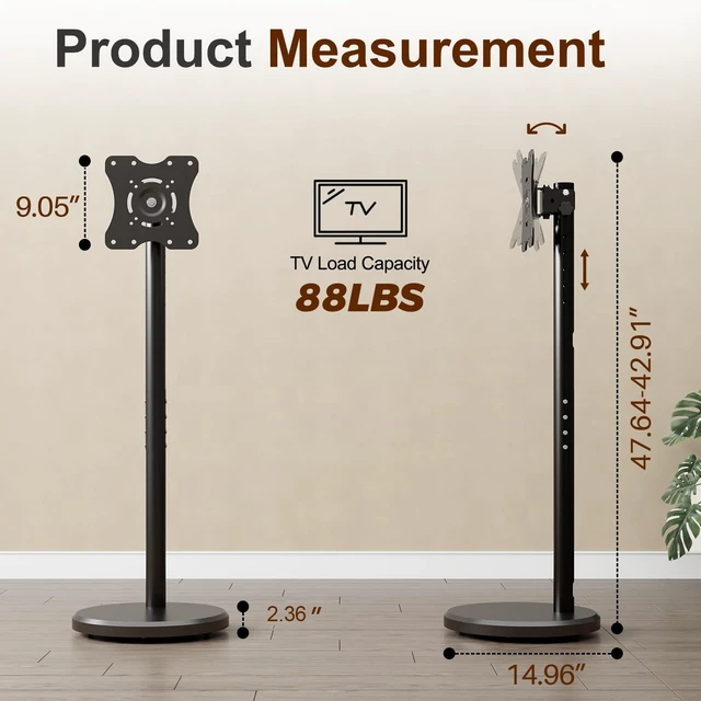 Alt view image 6 of 7 - Rolling TV Stand with Wheels for 10-46 Inch TVs, 88 lbs, Black Portrait or Landscape, Height Adjustmen Mobile TV Cart, ±10° Tilt and 90°Rotating, Portable TV Stand, Max Vesa 200x200mm