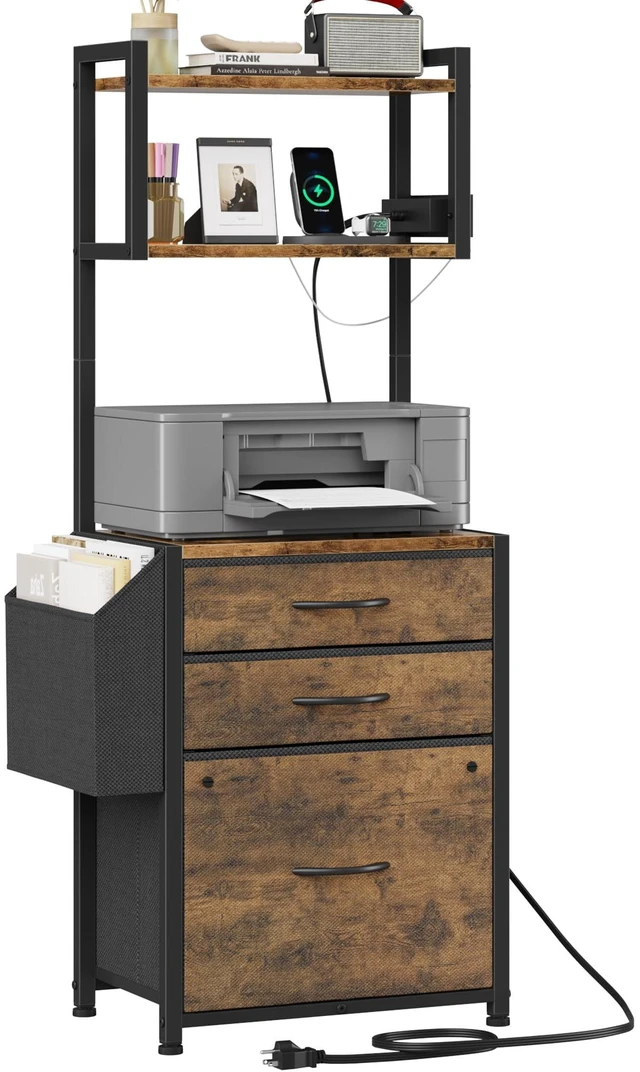 Main image of 3 Drawer File Cabinet with Charging Station, 45''H, 3-Tier Small Filing Cabinet for Home Office, 11''*16'' for Small Printer, Fabric Drawer Fits Letter/A4, Tall Printer Stand, Rustic Brown