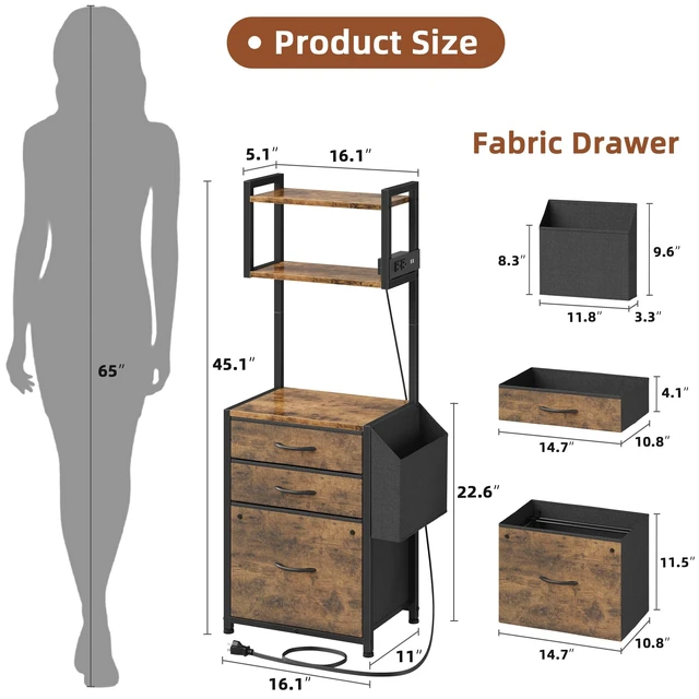 Alt view image 3 of 7 - 3 Drawer File Cabinet with Charging Station, 45''H, 3-Tier Small Filing Cabinet for Home Office, 11''*16'' for Small Printer, Fabric Drawer Fits Letter/A4, Tall Printer Stand, Rustic Brown
