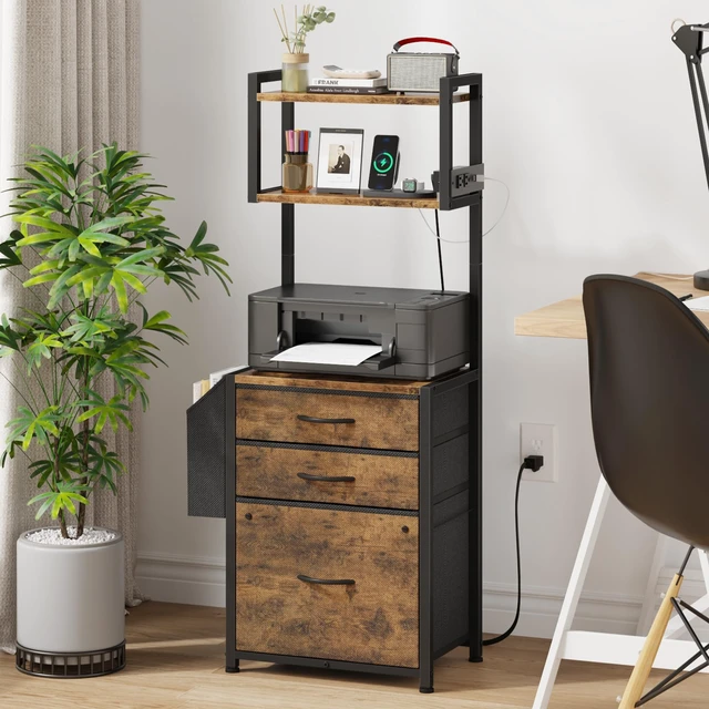 Alt view image 2 of 7 - 3 Drawer File Cabinet with Charging Station, 45''H, 3-Tier Small Filing Cabinet for Home Office, 11''*16'' for Small Printer, Fabric Drawer Fits Letter/A4, Tall Printer Stand, Rustic Brown