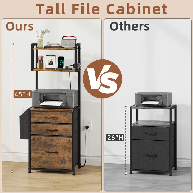 Alt view image 4 of 7 - 3 Drawer File Cabinet with Charging Station, 45''H, 3-Tier Small Filing Cabinet for Home Office, 11''*16'' for Small Printer, Fabric Drawer Fits Letter/A4, Tall Printer Stand, Rustic Brown