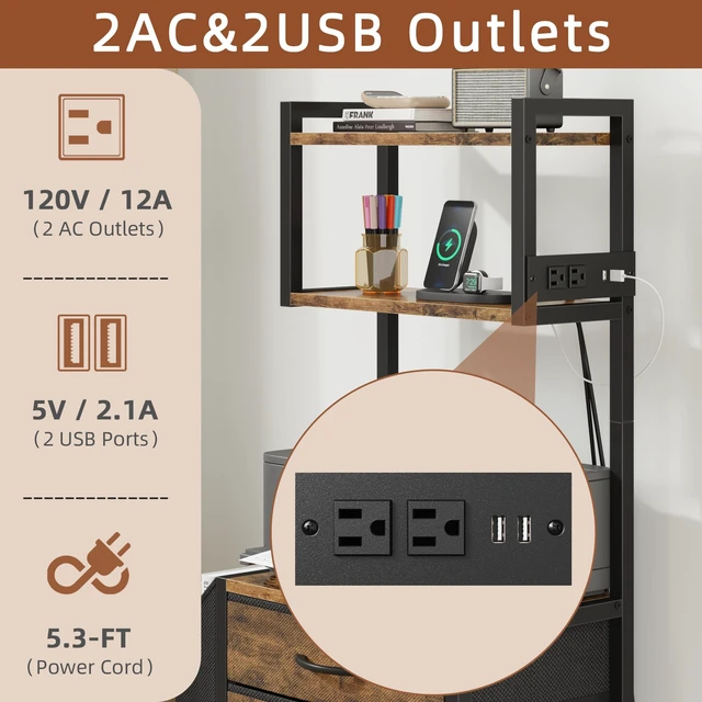 Alt view image 6 of 7 - 3 Drawer File Cabinet with Charging Station, 45''H, 3-Tier Small Filing Cabinet for Home Office, 11''*16'' for Small Printer, Fabric Drawer Fits Letter/A4, Tall Printer Stand, Rustic Brown