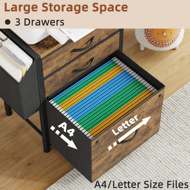 Alt view image 7 of 7 - 3 Drawer File Cabinet with Charging Station, 45''H, 3-Tier Small Filing Cabinet for Home Office, 11''*16'' for Small Printer, Fabric Drawer Fits Letter/A4, Tall Printer Stand, Rustic Brown