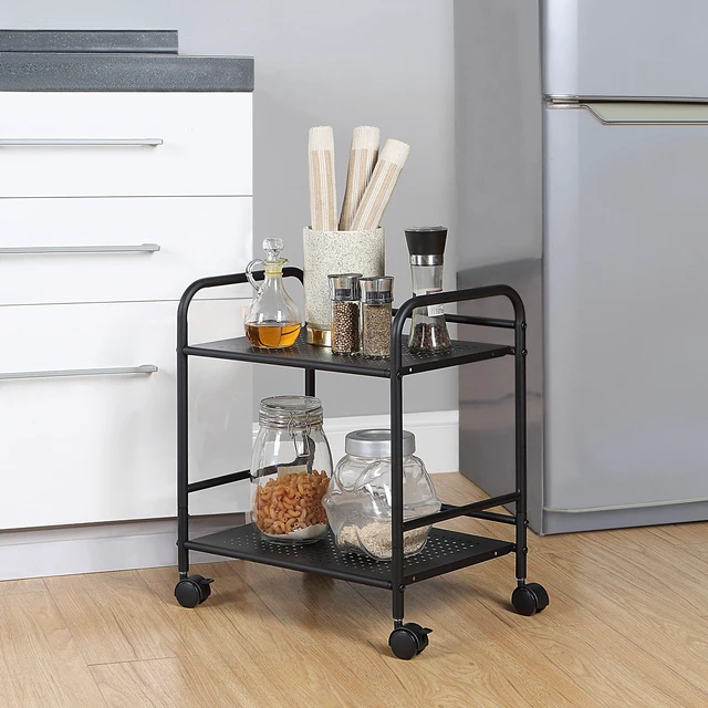Alt view image 3 of 7 - 2-Tier Metal Rolling Utility Cart Mobile Storage Shelf with Caster Wheels Small Space Organizer for Home, Office, Bedroom, Kitchen (BLK) (Pack of 2)