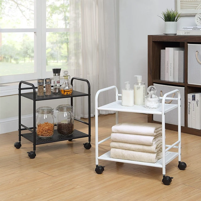 Alt view image 4 of 7 - 2-Tier Metal Rolling Utility Cart Mobile Storage Shelf with Caster Wheels Small Space Organizer for Home, Office, Bedroom, Kitchen (BLK) (Pack of 2)