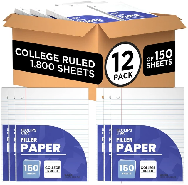 Main image of Loose Leaf Paper College Ruled Notebook Paper College Ruled Lined Writing Filler Paper 10.5 x 8 1800 Sheets 150 Sheets Per Pack 60 gsm (12 Pack)