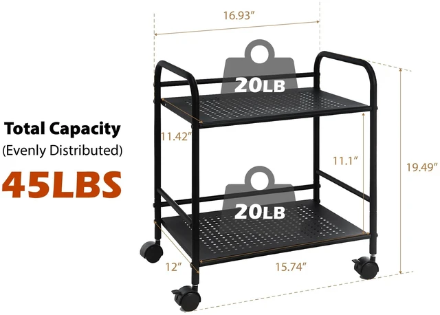 Alt view image 5 of 7 - 2-Tier Metal Rolling Utility Cart Mobile Storage Shelf with Caster Wheels Small Space Organizer for Home, Office, Bedroom, Kitchen (BLK) (Pack of 2)