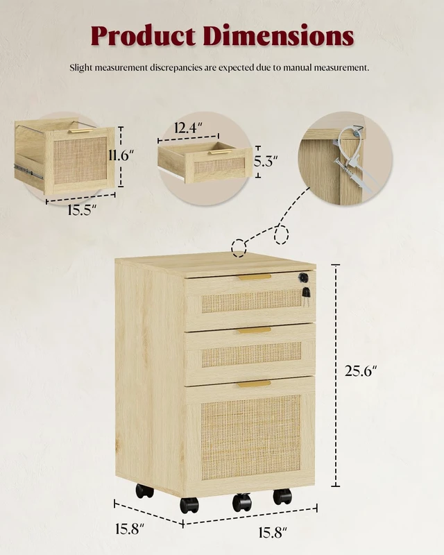 Alt view image 2 of 7 - 3 Drawer File Cabinet with Lock, Small Rattan Filing Cabinets with Wheels, Wood Rolling Office Storage for Under Desk Home Office,Natural