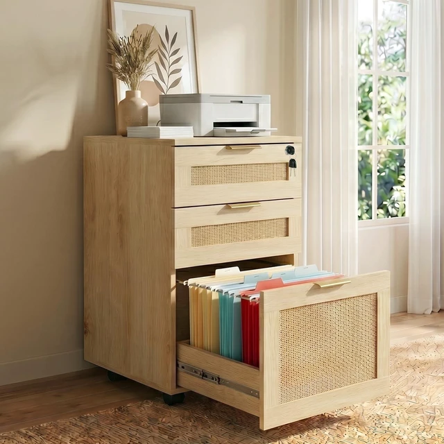 Main image of 3 Drawer File Cabinet with Lock, Small Rattan Filing Cabinets with Wheels, Wood Rolling Office Storage for Under Desk Home Office,Natural