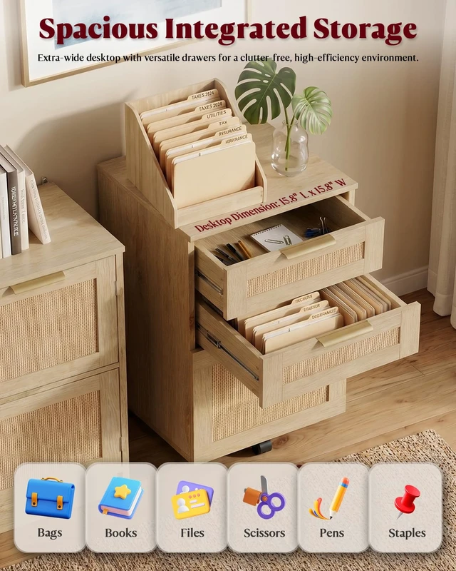 Alt view image 3 of 7 - 3 Drawer File Cabinet with Lock, Small Rattan Filing Cabinets with Wheels, Wood Rolling Office Storage for Under Desk Home Office,Natural