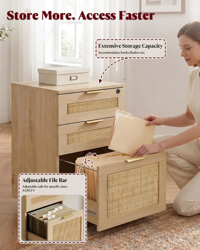 Alt view image 4 of 7 - 3 Drawer File Cabinet with Lock, Small Rattan Filing Cabinets with Wheels, Wood Rolling Office Storage for Under Desk Home Office,Natural
