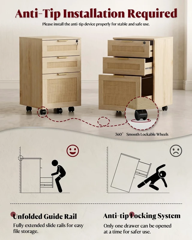 Alt view image 6 of 7 - 3 Drawer File Cabinet with Lock, Small Rattan Filing Cabinets with Wheels, Wood Rolling Office Storage for Under Desk Home Office,Natural