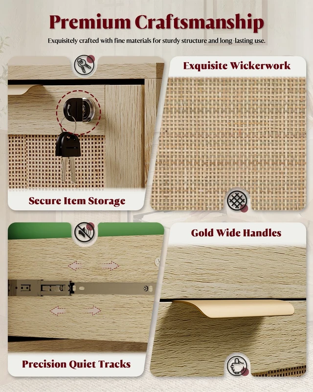 Alt view image 5 of 7 - 3 Drawer File Cabinet with Lock, Small Rattan Filing Cabinets with Wheels, Wood Rolling Office Storage for Under Desk Home Office,Natural