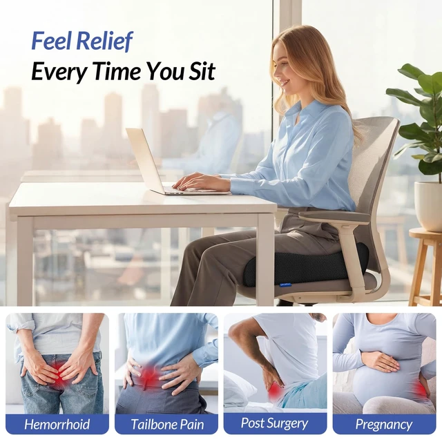 Alt view image 2 of 7 - 6" Thickened Donut Pillow Seat Cushion, Ergonomic Hemorrhoid Pillow with Widened Cutout for Tailbone,Sciatica Pain Relief & Postpartum, Memory Foam Office Chair Cushion for Long Sitting at Home