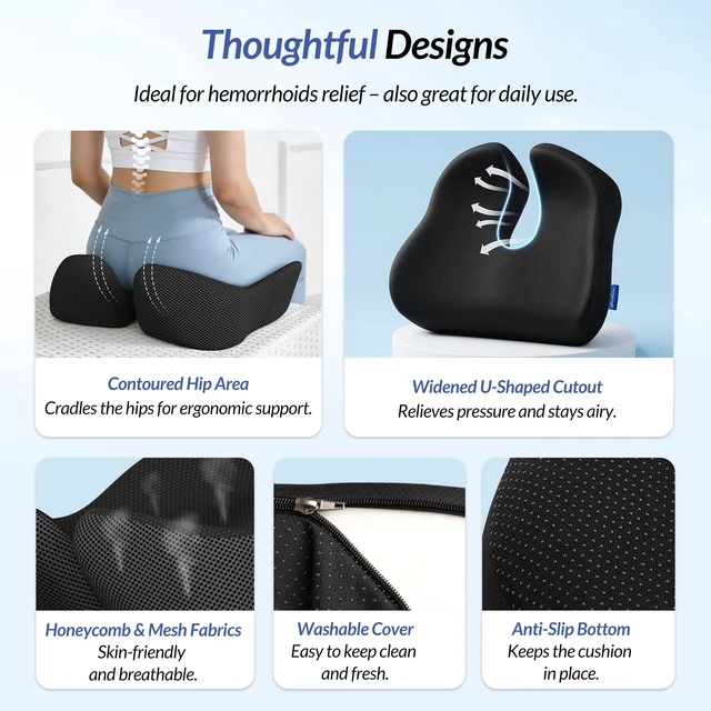 Alt view image 7 of 7 - 6" Thickened Donut Pillow Seat Cushion, Ergonomic Hemorrhoid Pillow with Widened Cutout for Tailbone,Sciatica Pain Relief & Postpartum, Memory Foam Office Chair Cushion for Long Sitting at Home