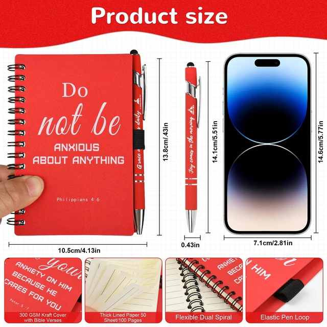 Alt view image 3 of 7 - Christian Prayer Journal Spiral Red Notebooks Bulk with Pens- Small Lined Notepads (4.13x5.43) - Christian Gifts for women, Church Members & Bible Study Groups (30 Sets Red)