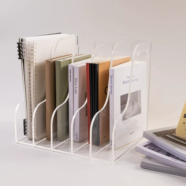 Alt view image 7 of 7 - 5 Vertical Compartments File Holder, Clear Acrylic Desk Organizer and Storage Bins Holding for Magazines, Binders, Notebooks, Envelopes, Multi-purpose Document Organizer for Home Office