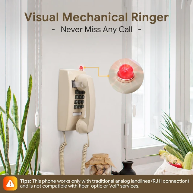 Alt view image 2 of 7 - Retro Wall Phones for Landline with Mechanical Ringer Corded Telephone Wall Mounted with Indicator Waterproof Old Style Landline Phones for Home Kitchen, Beige