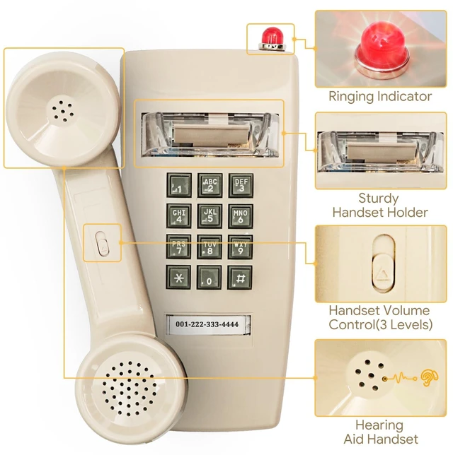 Alt view image 6 of 7 - Retro Wall Phones for Landline with Mechanical Ringer Corded Telephone Wall Mounted with Indicator Waterproof Old Style Landline Phones for Home Kitchen, Beige