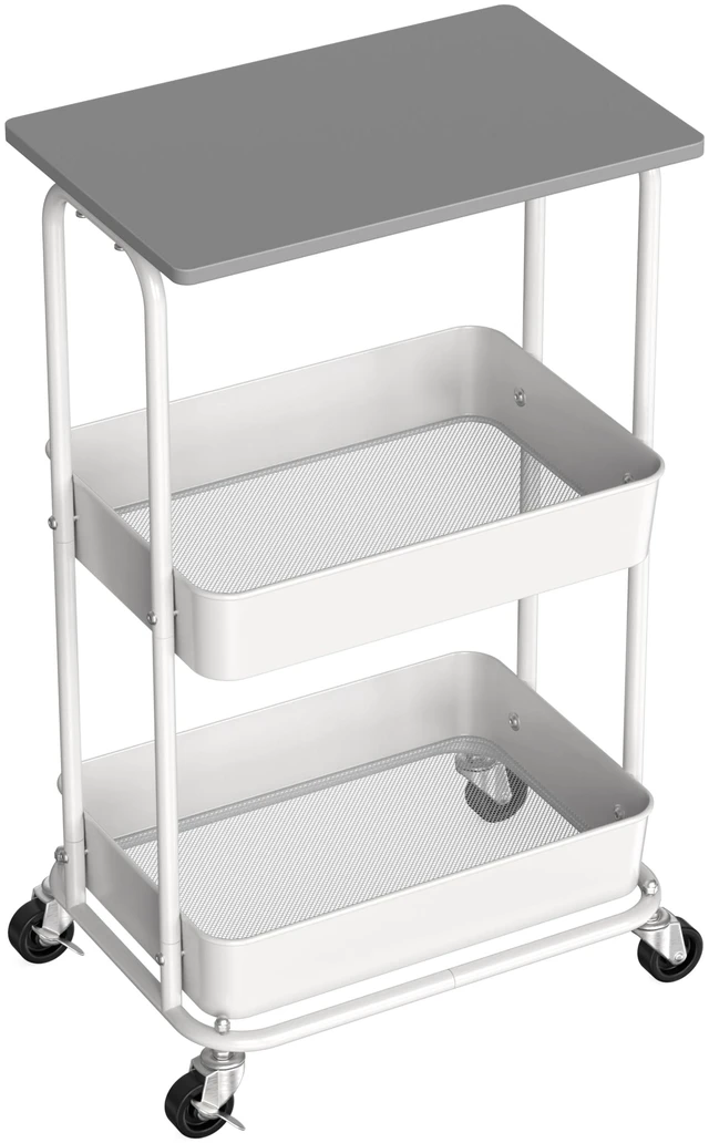 Main image of 2-Tier Rolling Utility Cart Wood Top/Lockable Wheel, Gray Metal Storage Organizer Trolley for Kitchen, Bathroom, Office, Craft Room