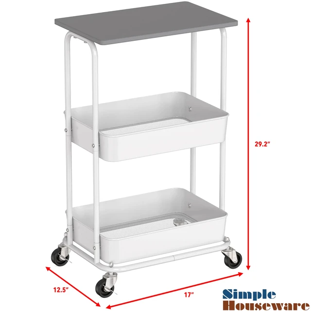 Alt view image 3 of 7 - 2-Tier Rolling Utility Cart Wood Top/Lockable Wheel, Gray Metal Storage Organizer Trolley for Kitchen, Bathroom, Office, Craft Room
