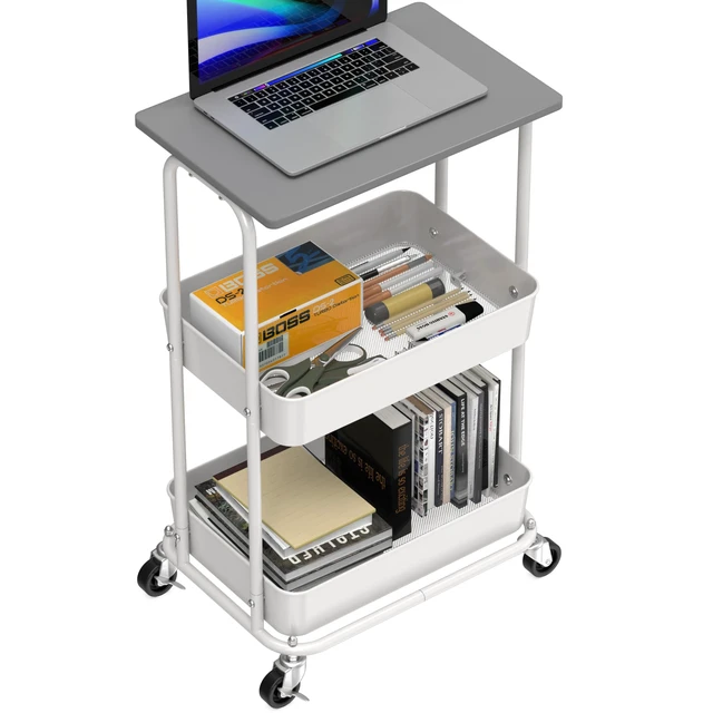 Alt view image 4 of 7 - 2-Tier Rolling Utility Cart Wood Top/Lockable Wheel, Gray Metal Storage Organizer Trolley for Kitchen, Bathroom, Office, Craft Room