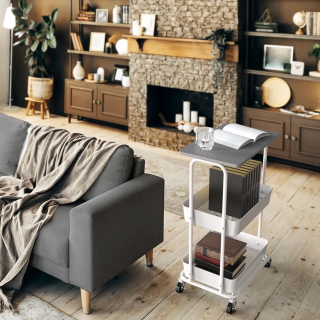 Alt view image 5 of 7 - 2-Tier Rolling Utility Cart Wood Top/Lockable Wheel, Gray Metal Storage Organizer Trolley for Kitchen, Bathroom, Office, Craft Room