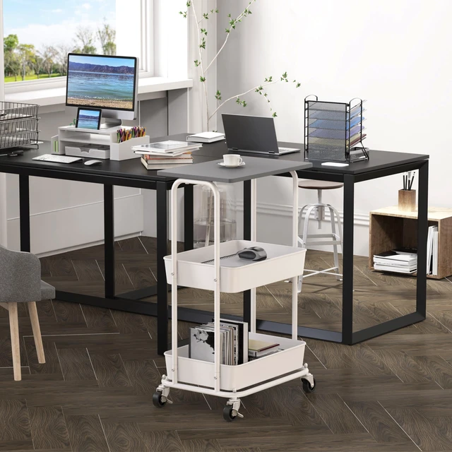 Alt view image 2 of 7 - 2-Tier Rolling Utility Cart Wood Top/Lockable Wheel, Gray Metal Storage Organizer Trolley for Kitchen, Bathroom, Office, Craft Room