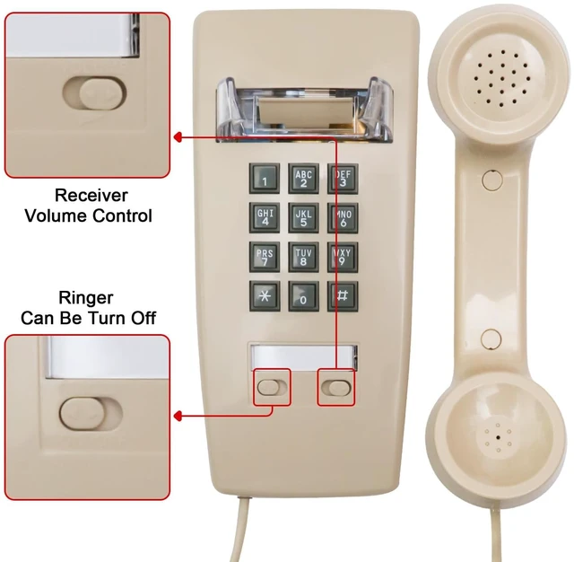 Alt view image 2 of 7 - Retro Wall Phones for Landline with Loud Mechanical Ringer Vintage Wall Mount Phone with Volume Adjustable Old Fashioned Corded Landline Telephone for Home School Hotel Office, Beige