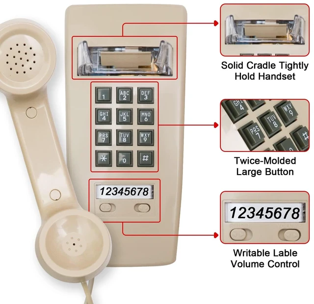 Alt view image 4 of 7 - Retro Wall Phones for Landline with Loud Mechanical Ringer Vintage Wall Mount Phone with Volume Adjustable Old Fashioned Corded Landline Telephone for Home School Hotel Office, Beige