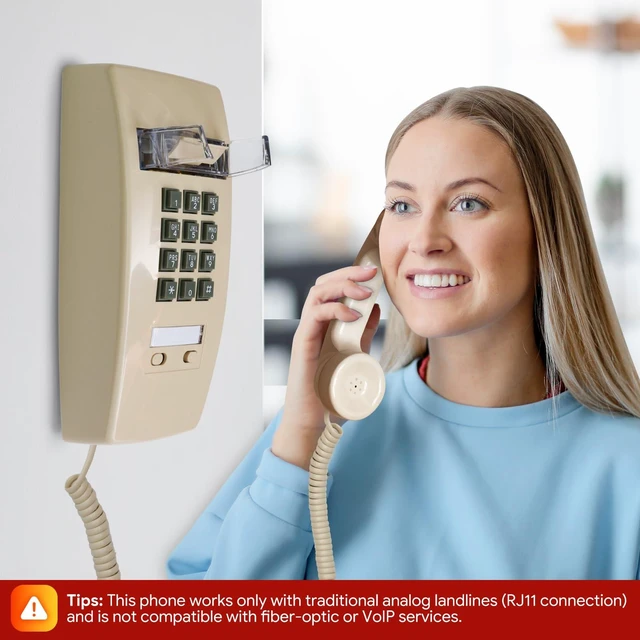 Alt view image 6 of 7 - Retro Wall Phones for Landline with Loud Mechanical Ringer Vintage Wall Mount Phone with Volume Adjustable Old Fashioned Corded Landline Telephone for Home School Hotel Office, Beige