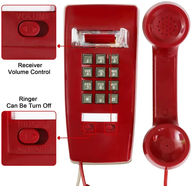 Alt view image 2 of 7 - Retro Wall Phones for Landline with Loud Mechanical Ringing Vintage Wall Mount Phone with Volume Adjustable Old Fashioned Corded Telephone for Kitchen Home School Hotel Office, Red