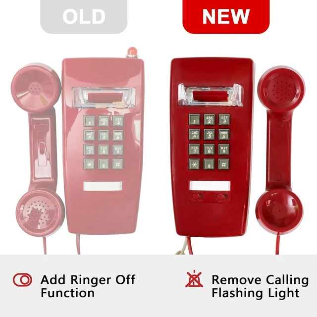 Alt view image 3 of 7 - Retro Wall Phones for Landline with Loud Mechanical Ringing Vintage Wall Mount Phone with Volume Adjustable Old Fashioned Corded Telephone for Kitchen Home School Hotel Office, Red