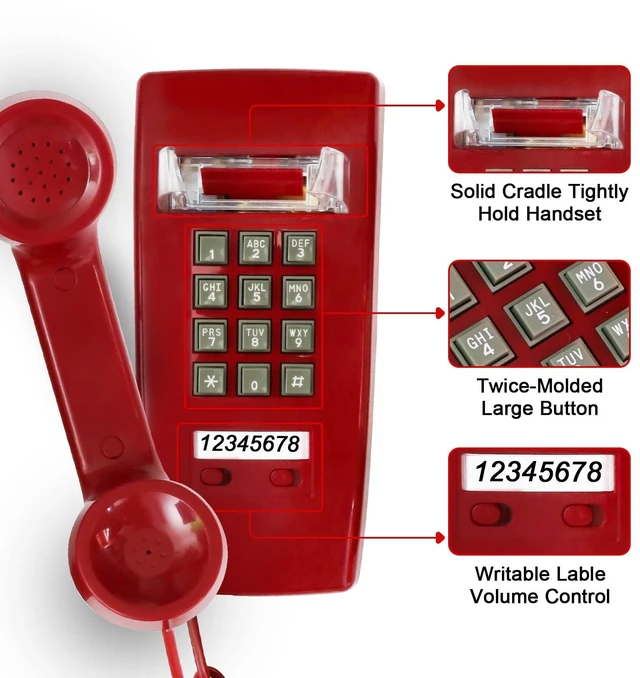 Alt view image 4 of 7 - Retro Wall Phones for Landline with Loud Mechanical Ringing Vintage Wall Mount Phone with Volume Adjustable Old Fashioned Corded Telephone for Kitchen Home School Hotel Office, Red