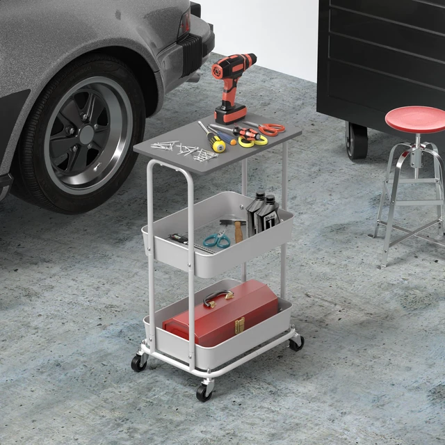 Alt view image 6 of 7 - 2-Tier Rolling Utility Cart Wood Top/Lockable Wheel, Gray Metal Storage Organizer Trolley for Kitchen, Bathroom, Office, Craft Room