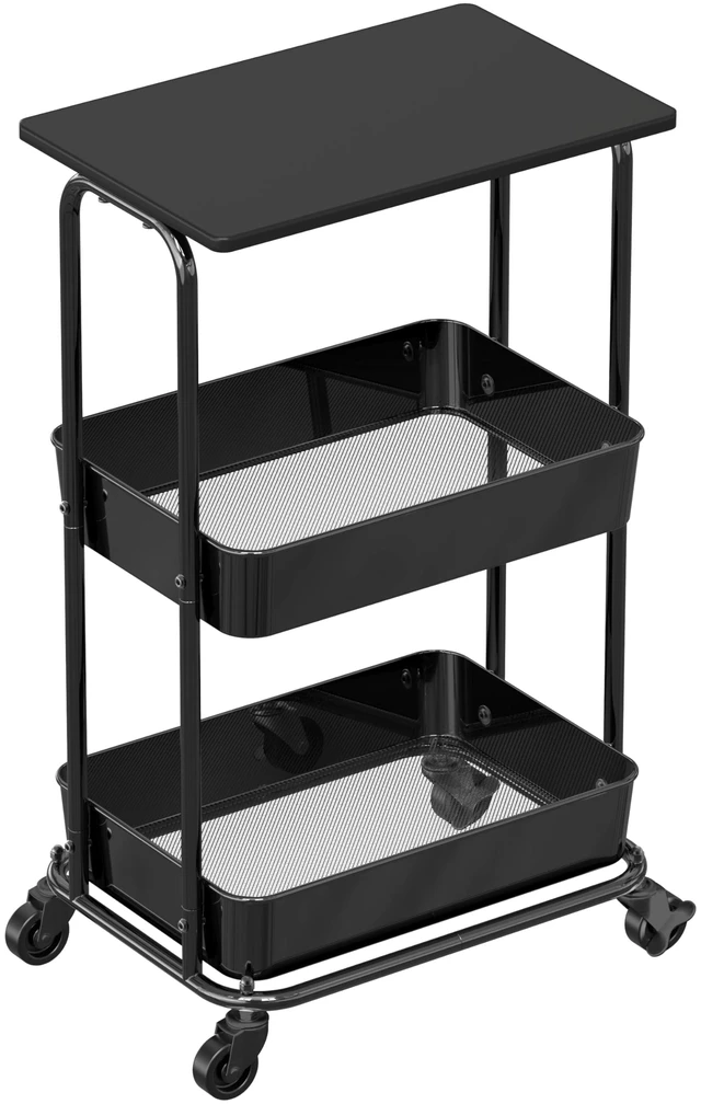 Main image of 2-Tier Rolling Utility Cart Wood Top/Lockable Wheel, Black Metal Storage Organizer Trolley for Kitchen, Bathroom, Office, Craft Room