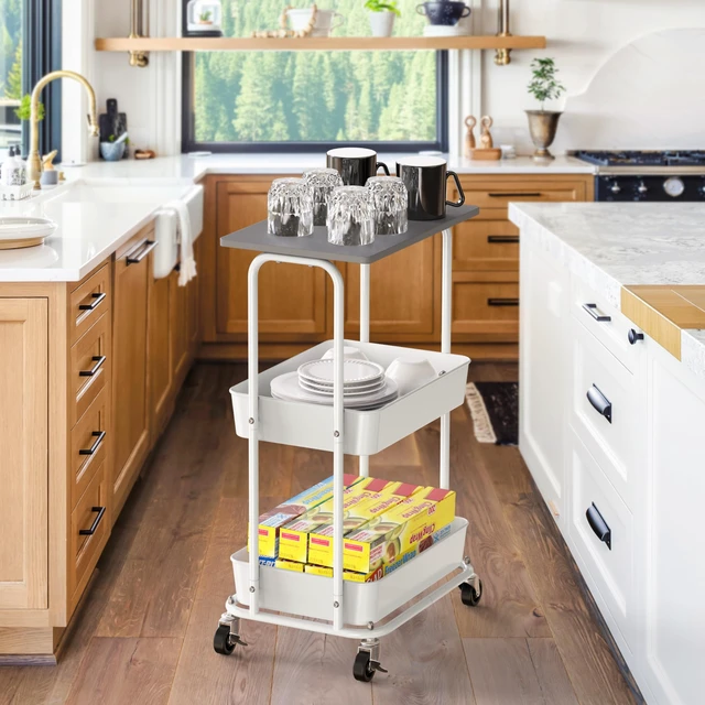 Alt view image 7 of 7 - 2-Tier Rolling Utility Cart Wood Top/Lockable Wheel, Gray Metal Storage Organizer Trolley for Kitchen, Bathroom, Office, Craft Room