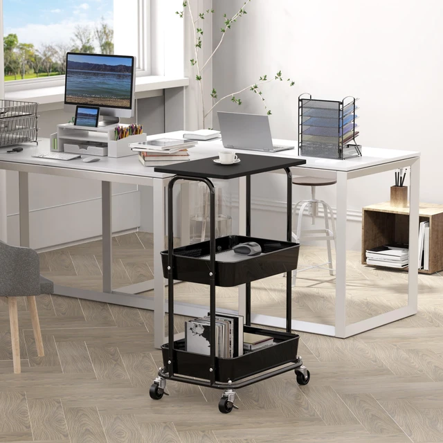 Alt view image 2 of 7 - 2-Tier Rolling Utility Cart Wood Top/Lockable Wheel, Black Metal Storage Organizer Trolley for Kitchen, Bathroom, Office, Craft Room