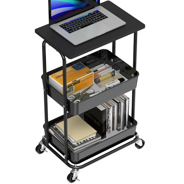 Alt view image 4 of 7 - 2-Tier Rolling Utility Cart Wood Top/Lockable Wheel, Black Metal Storage Organizer Trolley for Kitchen, Bathroom, Office, Craft Room