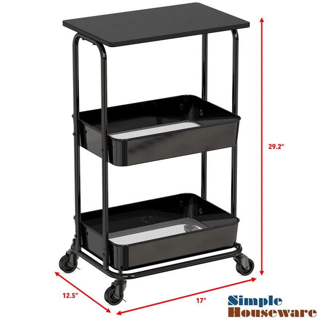 Alt view image 3 of 7 - 2-Tier Rolling Utility Cart Wood Top/Lockable Wheel, Black Metal Storage Organizer Trolley for Kitchen, Bathroom, Office, Craft Room