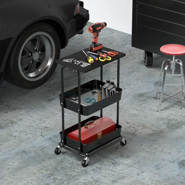Alt view image 6 of 7 - 2-Tier Rolling Utility Cart Wood Top/Lockable Wheel, Black Metal Storage Organizer Trolley for Kitchen, Bathroom, Office, Craft Room